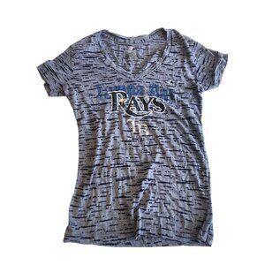 Tampa Bay Rays T-Shirt‎ V-Neck Gray Black Lace Print Majestic Womens Medium EUC